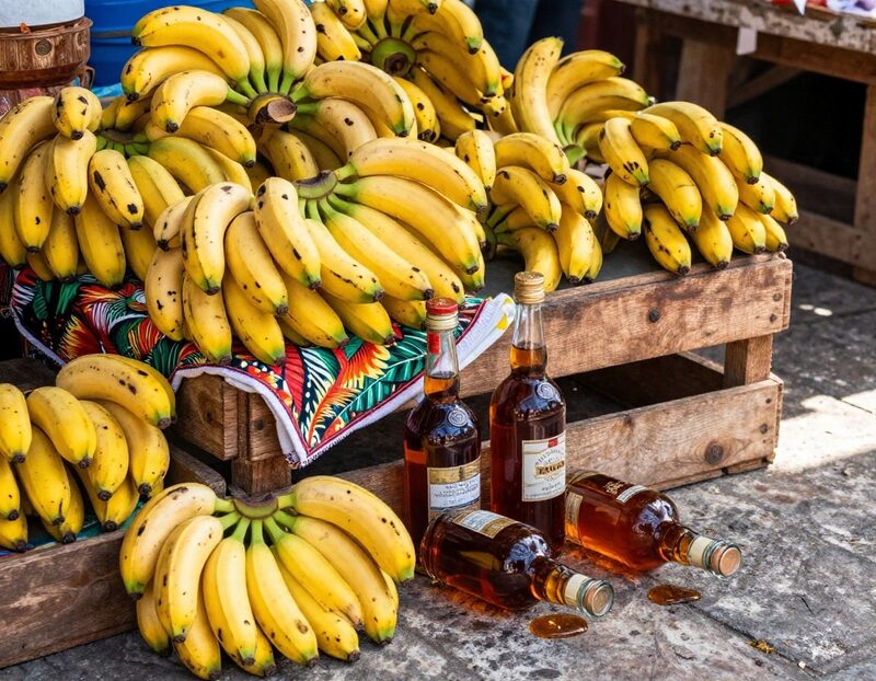 Étal de marché antillais couvert de régimes de bananes jaunes et de bouteilles de rhum