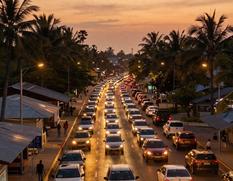 Embouteillage vu de haut au crépuscule dans une ville tropicale bordée de palmiers