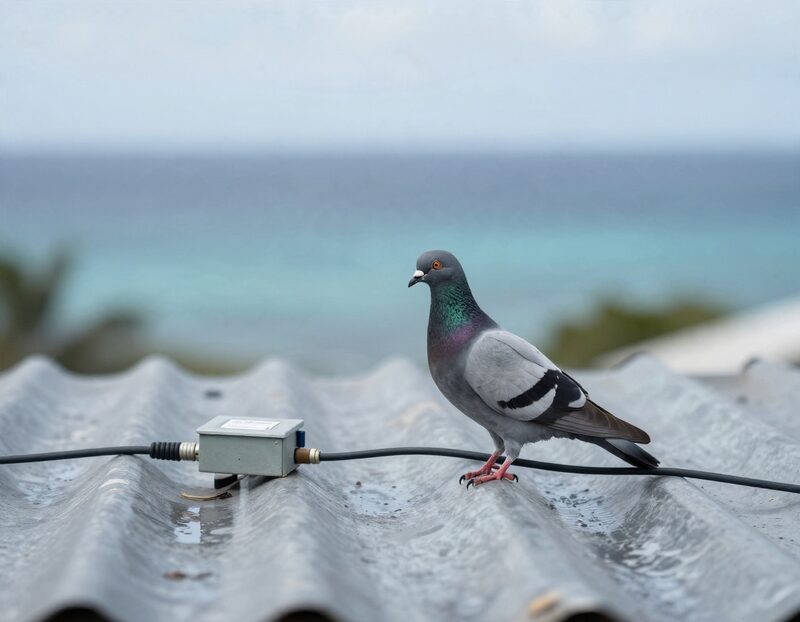 Pigeon posé sur un toit en tôle à côté d’un boîtier de fibre optique, mer des Caraïbes en fond