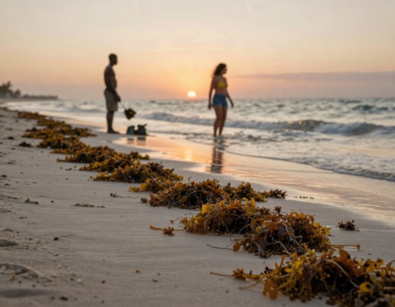 Tas d’algues brunes échouées sur une plage des Caraïbes au soleil couchant
