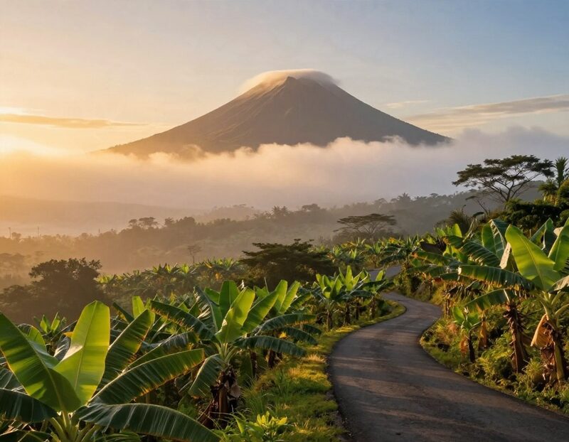 Route de montagne au lever du jour avec un nuage accroché au volcan et des bananeraies